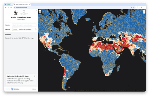 The Basin Threshold Tool interface showing a world map of color-coded river basins, with options to search by location or explore the Rio Grande–Río Bravo.