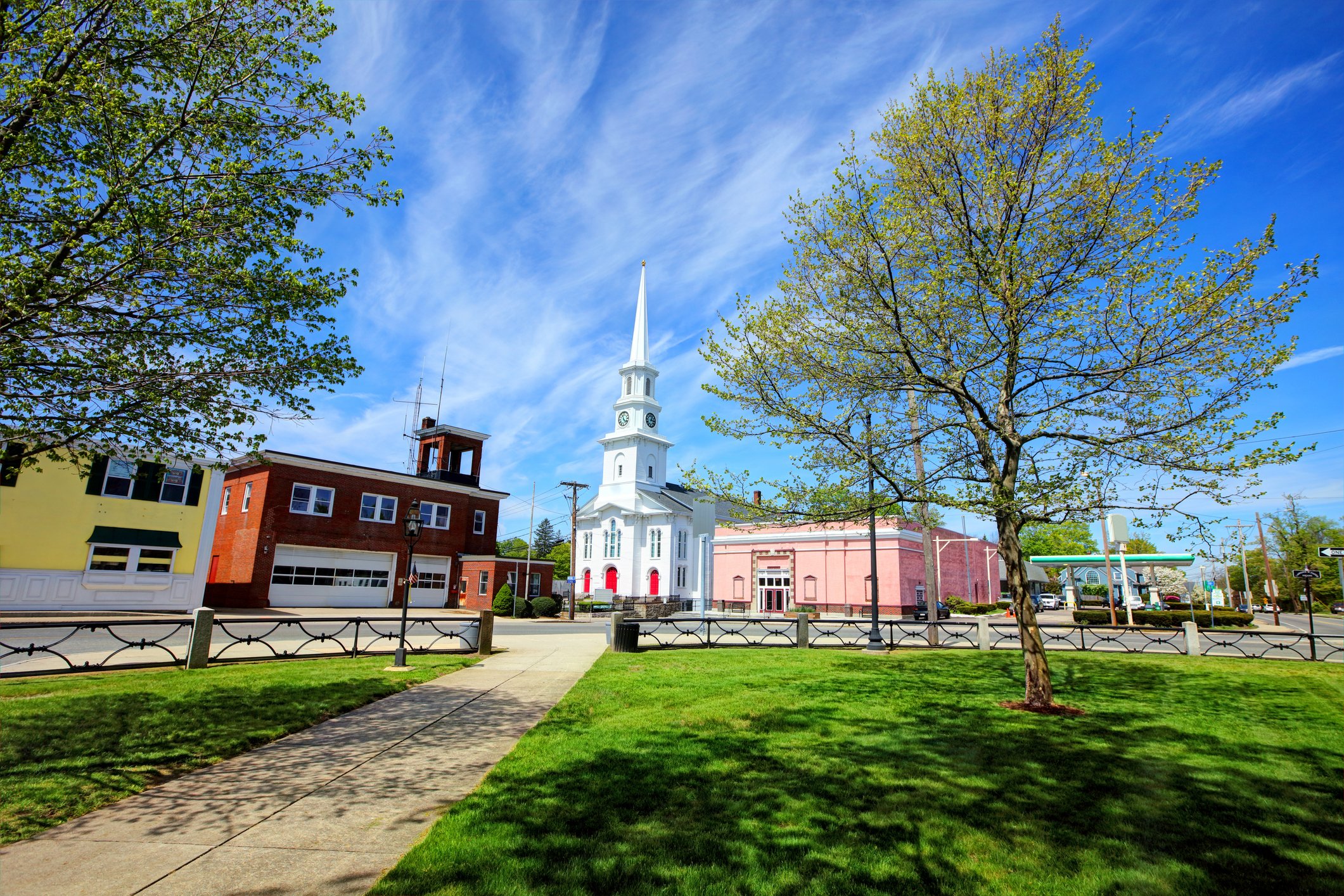A white steepled church in Foxboro, Massachusetts.