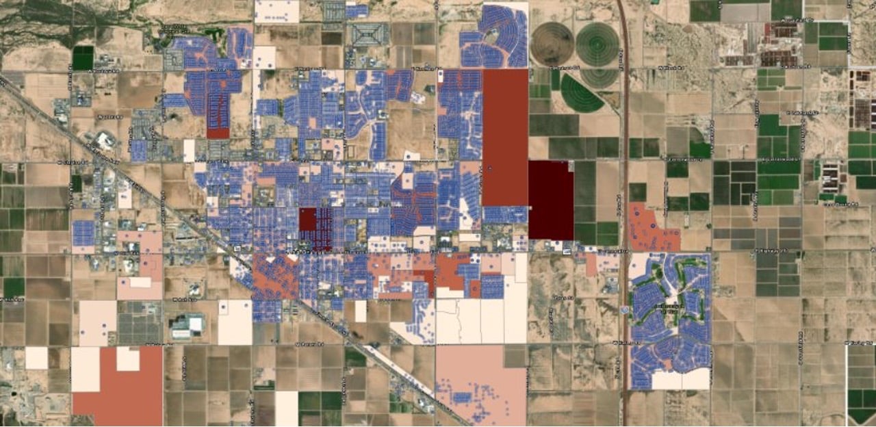 Dashboard screenshot highlighting subdivision and water meters in Pinal County