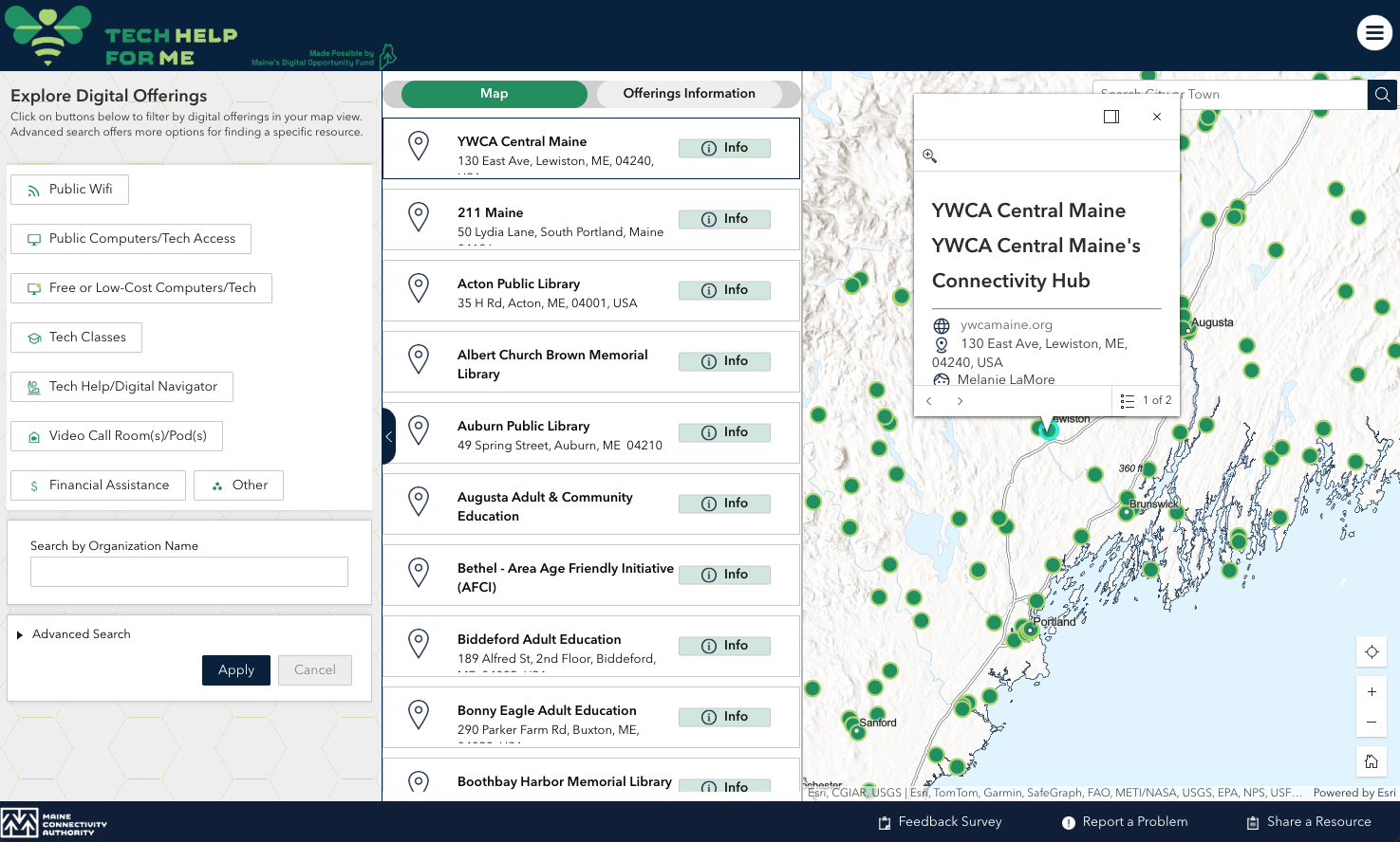 Tech Help for ME dashboard screenshot showing a map of available resources.
