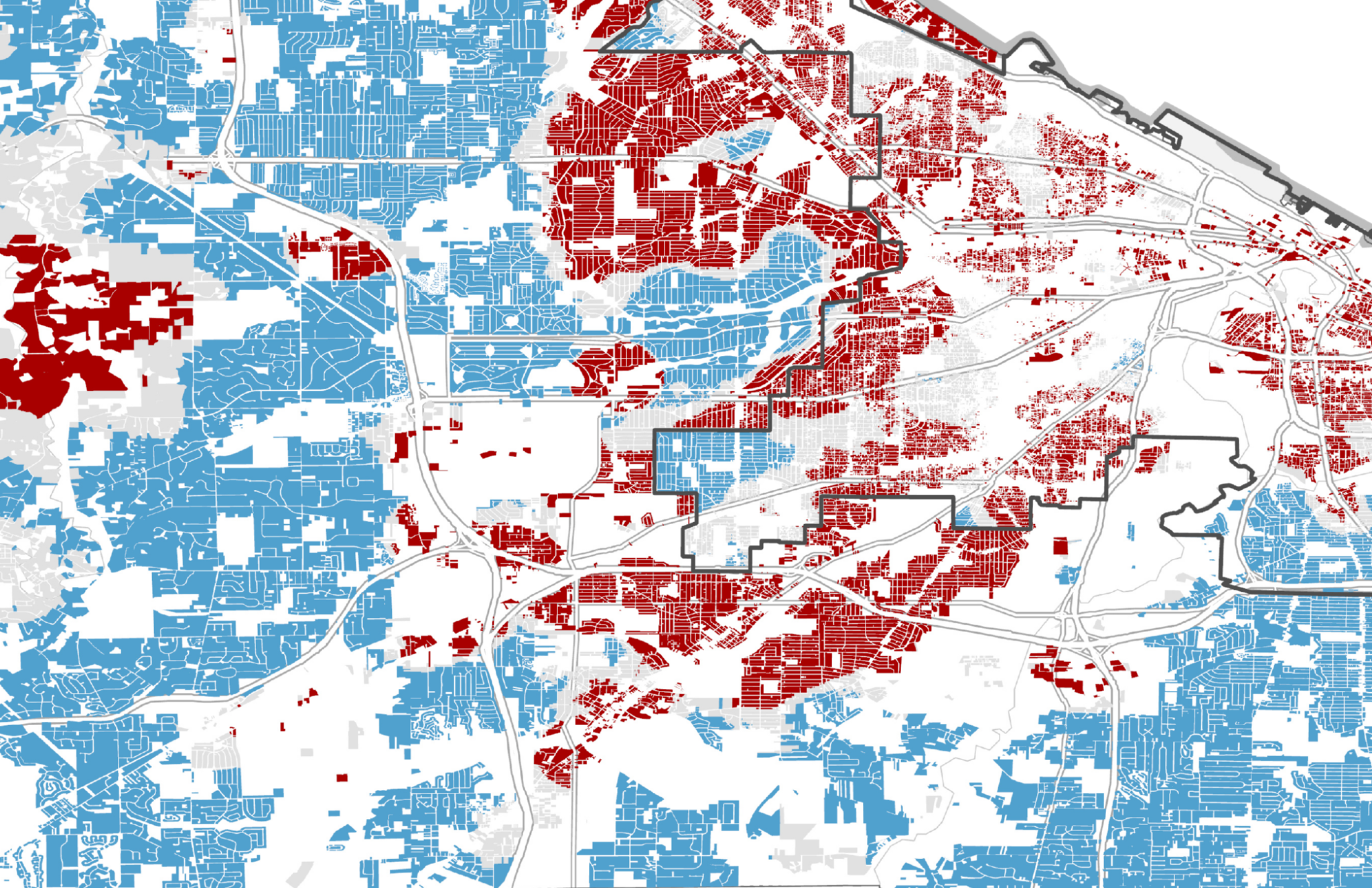 A map showing hotspots and cold spots of corporate residential land ownership across Cuyahoga County, Ohio. 