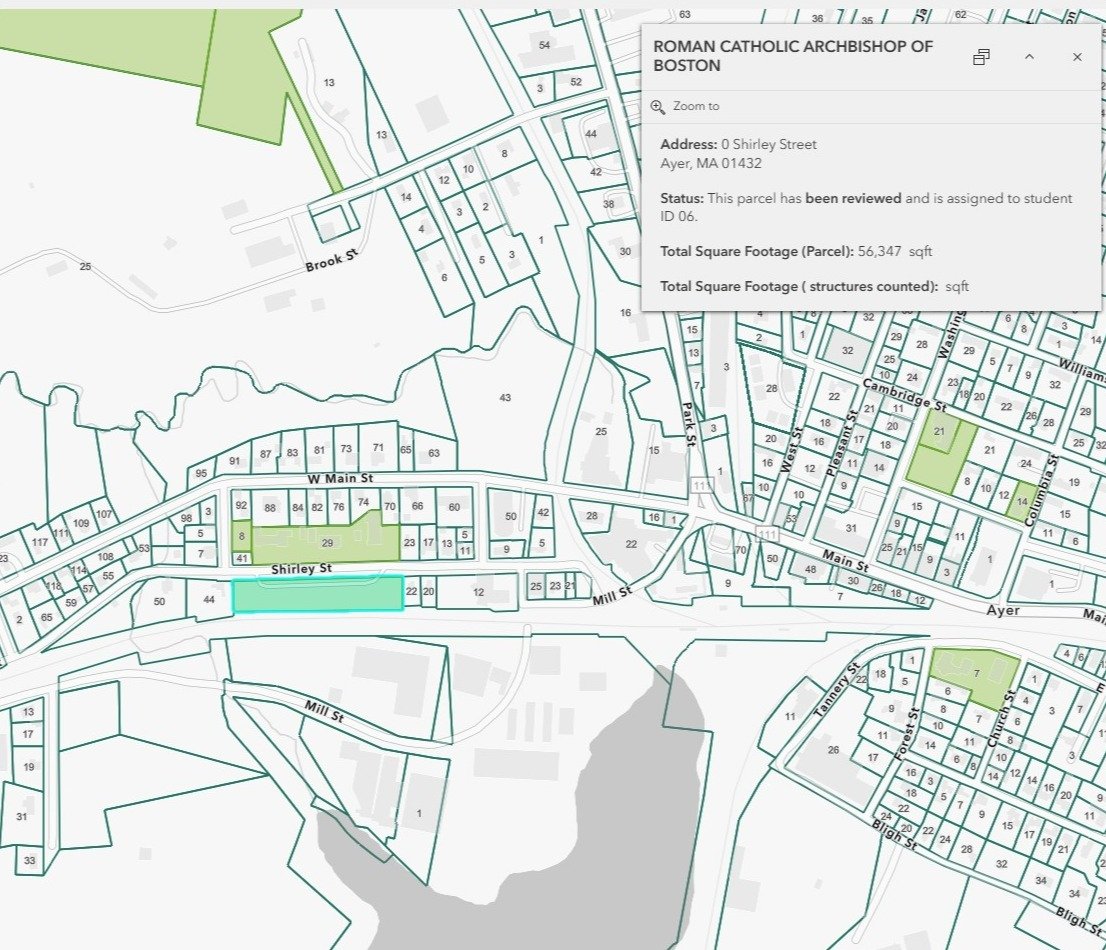 Stylized map showing parcels owned by the Archdioscese of Boston.