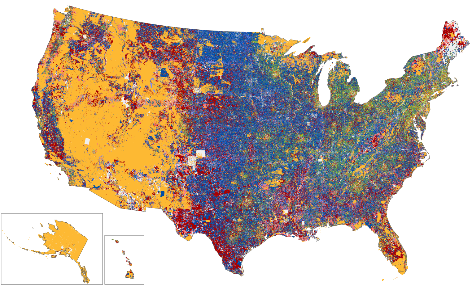 Map of the United States colored by parcel in yellow, red, blue, and green.