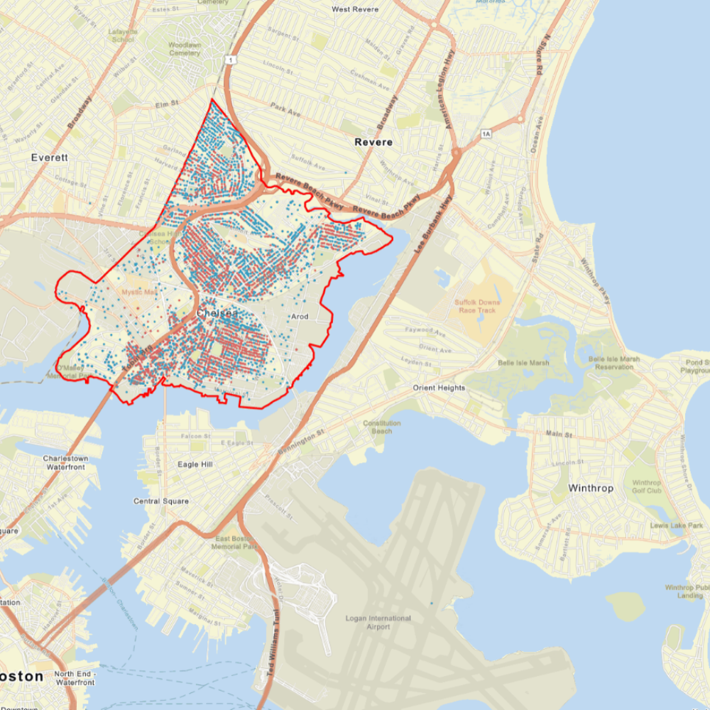 A map identifying lead service line statuses in Chelsea, MA.